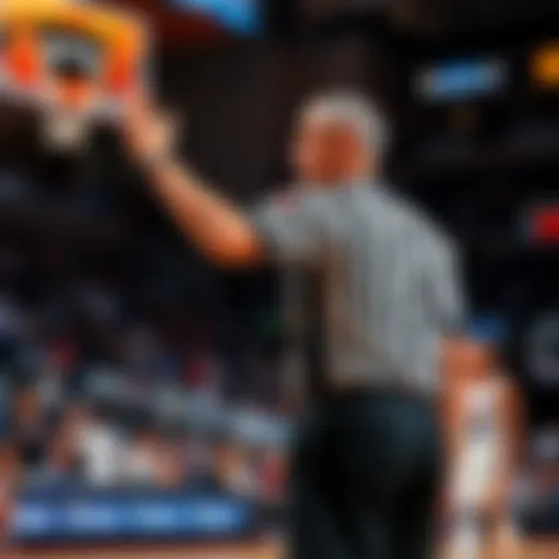 A referee signaling a foul during a basketball game, with players reacting in the background.