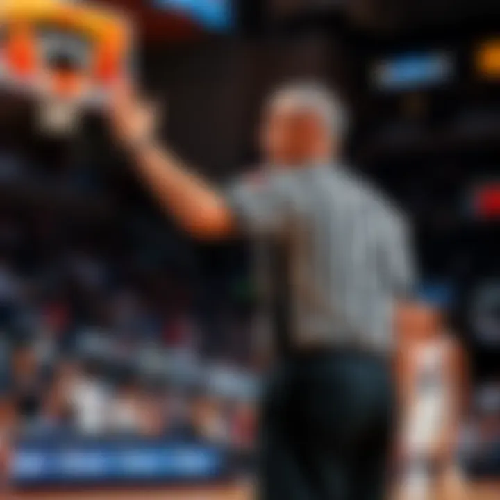 A referee signaling a foul during a basketball game, with players reacting in the background.