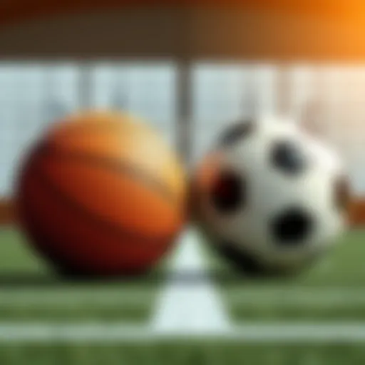 A basketball and a soccer ball side by side on a court and field, representing the comparison of two sports.