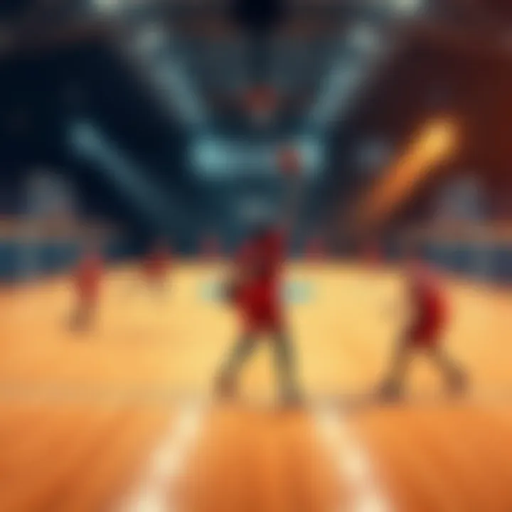 A basketball court showing players making passes and going for rebounds, highlighting teamwork and strategy in gameplay.