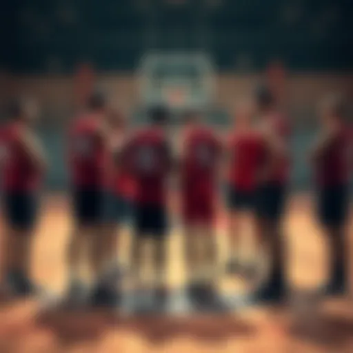 A basketball team huddled together on the court, discussing strategies and motivating each other after a recent defeat.