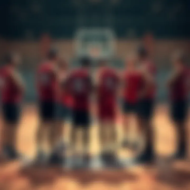 A basketball team huddled together on the court, discussing strategies and motivating each other after a recent defeat.