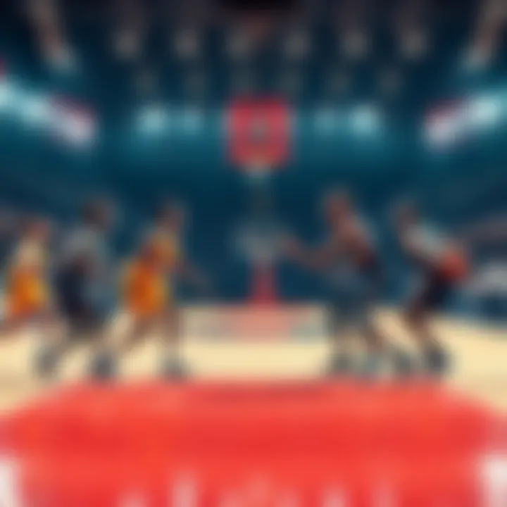 Two basketball teams compete on the court with fans cheering in the background