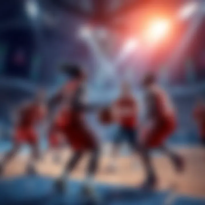 Basketball Teams Competing Four basketball teams on the court during a tournament, showcasing their skills and teamwork in a competitive atmosphere.