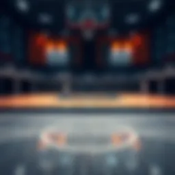 A basketball court highlighting the three-point line with players in action