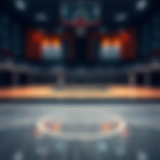 A basketball court highlighting the three-point line with players in action