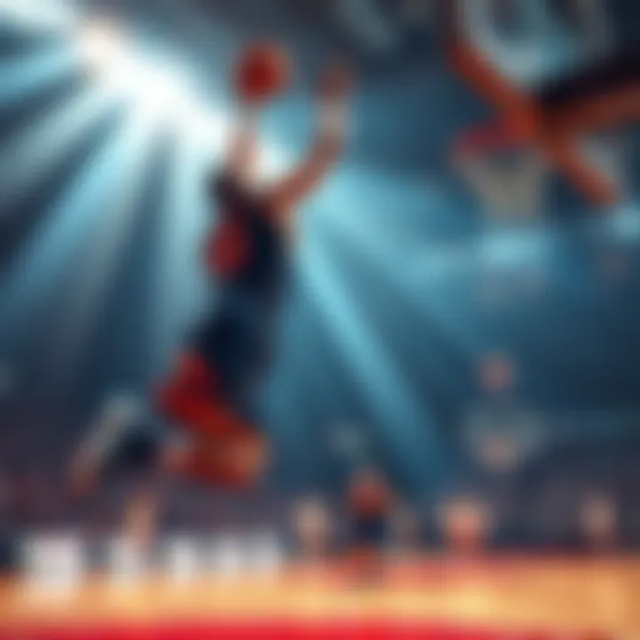 A basketball player jumps to take a three-point shot during a game, showcasing skill and focus.