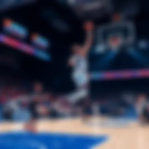 A basketball player jumps to take a three-point shot during a game, with fans cheering in the background.