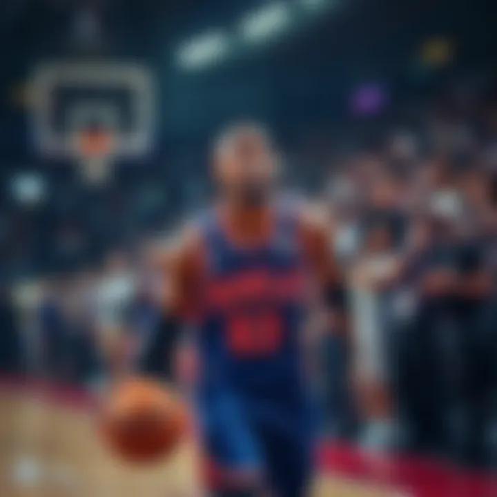 A basketball player in action with fans reacting in the background after a trade announcement