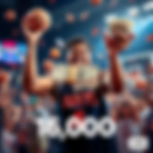 A person celebrates a big win while holding cash, with basketball elements around them, representing success in betting on the Knicks and Clippers game.