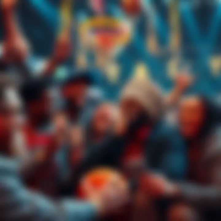 Sixty-six winners of the Full Court Draw holding their winning tickets, smiling and celebrating together in a festive atmosphere.