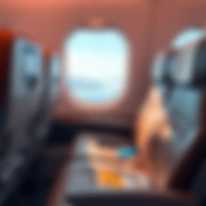 An airplane interior showing spacious seating with legroom, designed for larger travelers, and a scenic view from the window