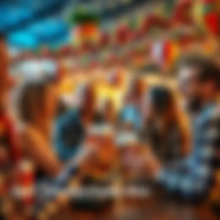A lively scene of friends enjoying drinks and laughter at a beer festival, surrounded by colorful decorations and festive atmosphere