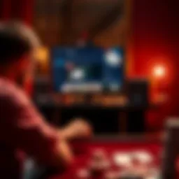 Beginner learning poker A person sitting at a table with poker cards and chips, looking at a computer screen with poker tutorial content.
