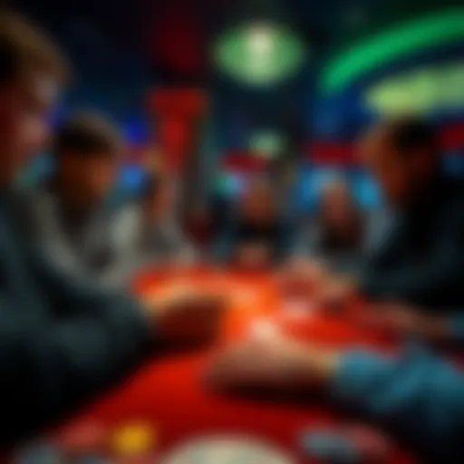 A group of beginners plays poker at the Orleans Casino in Las Vegas, focusing on their cards and chips.