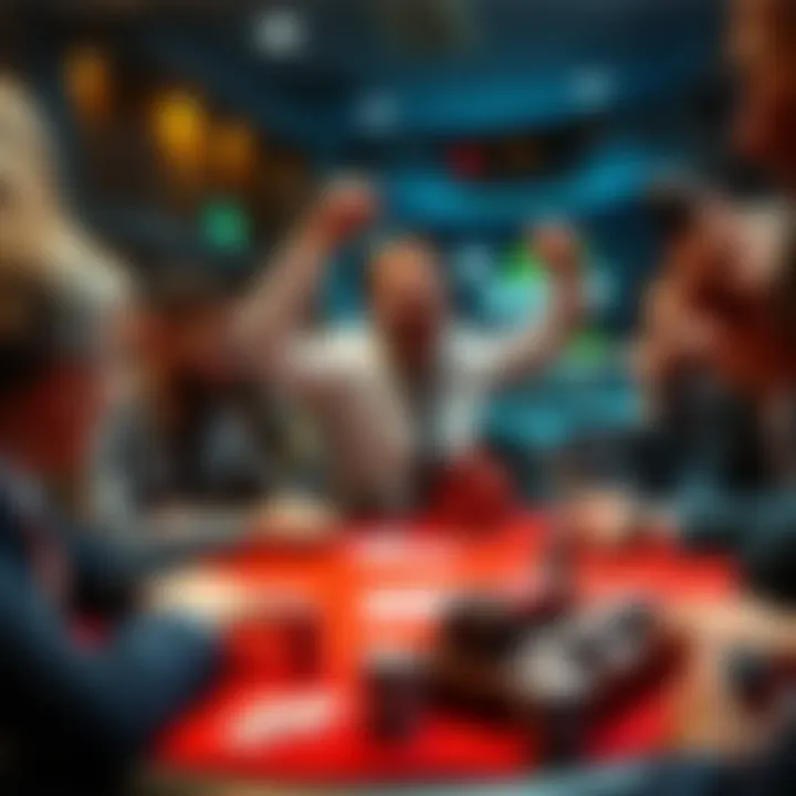 A poker beginner celebrating a surprise victory at a real poker game during a business trip, surrounded by intrigued opponents at the table.