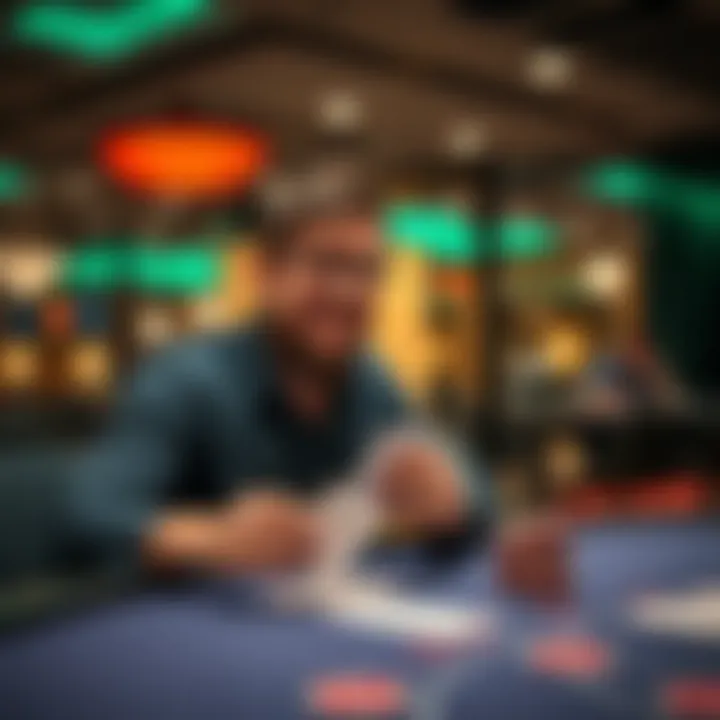 A beginner player learning blackjack at a casino table, looking at cards with excitement