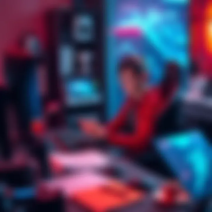 A new gamer sitting at a desk, sharing advice with others online, surrounded by gaming equipment and notes.