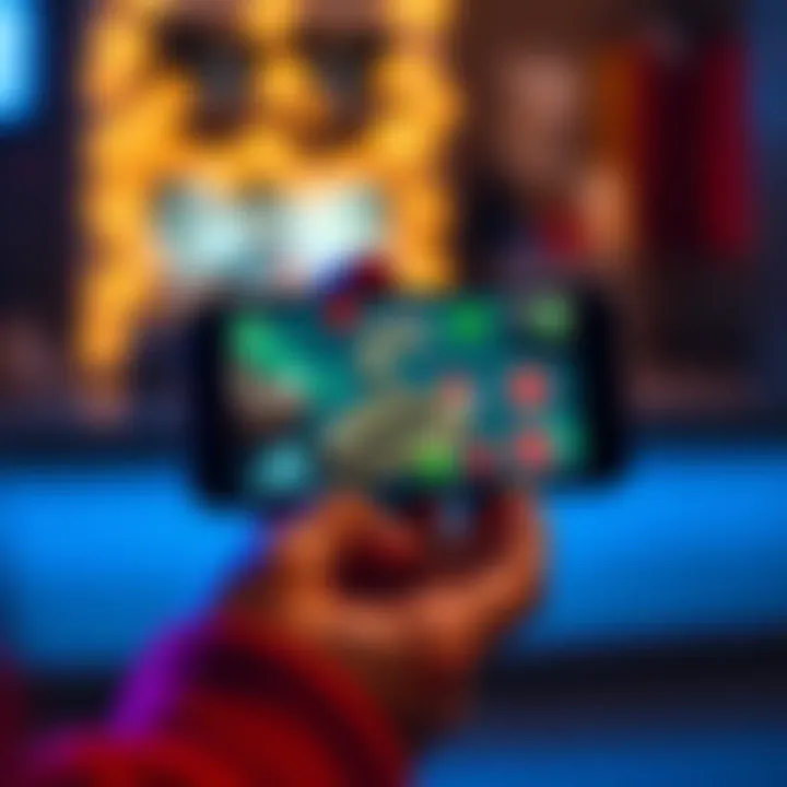 A person holding a smartphone with a Snakes game on the screen, showing the snake and food items