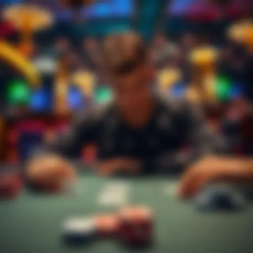 A novice poker player analyzing cards and chips at a poker table, showing determination and focus