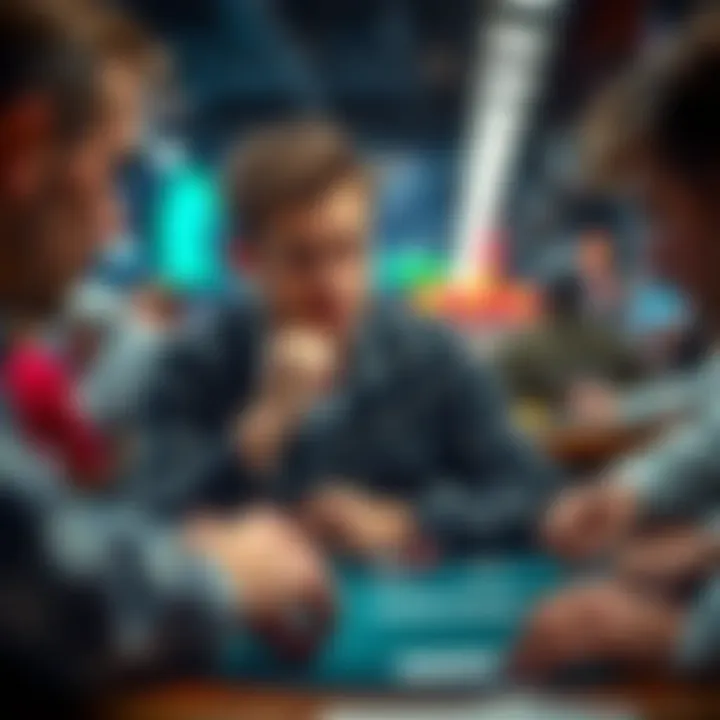 Beginner Poker Player Seeking Feedback A beginner poker player looking thoughtful at a table with cards, pondering their moves while others are around them.