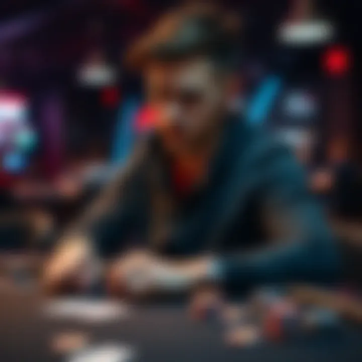 A beginner poker player sits at a table, focused on the cards and chips in front of him, showing determination and excitement in his first tournament experience.