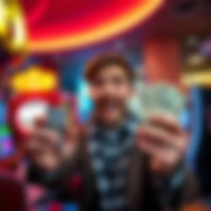 A person looking excited while holding cash and a gaming device, symbolizing success in gambling.