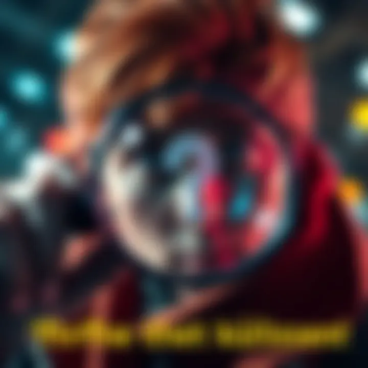 A person looking through a magnifying glass at a question mark, symbolizing curiosity and exploration.