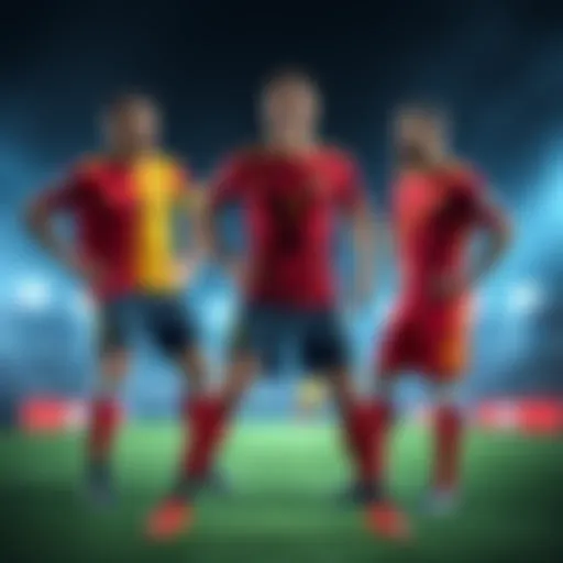 Players from Belgium and Spain preparing for the quarterfinal soccer match