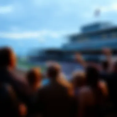 A group of people watching the Belmont Stakes horse race, cheering with excitement.