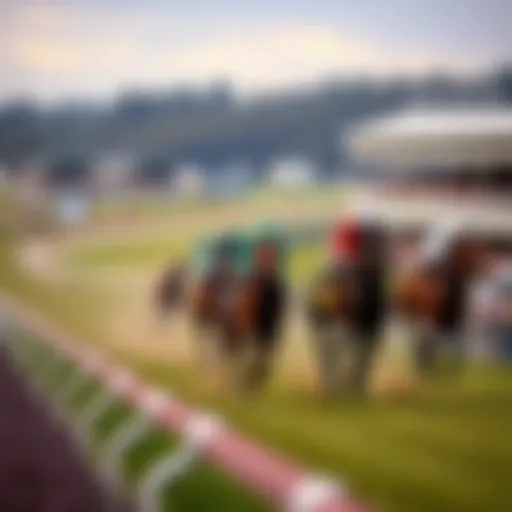 Belmont Turf Race Track A view of the Belmont Park turf race track, showing horses running slowly and a lack of excitement in the atmosphere.