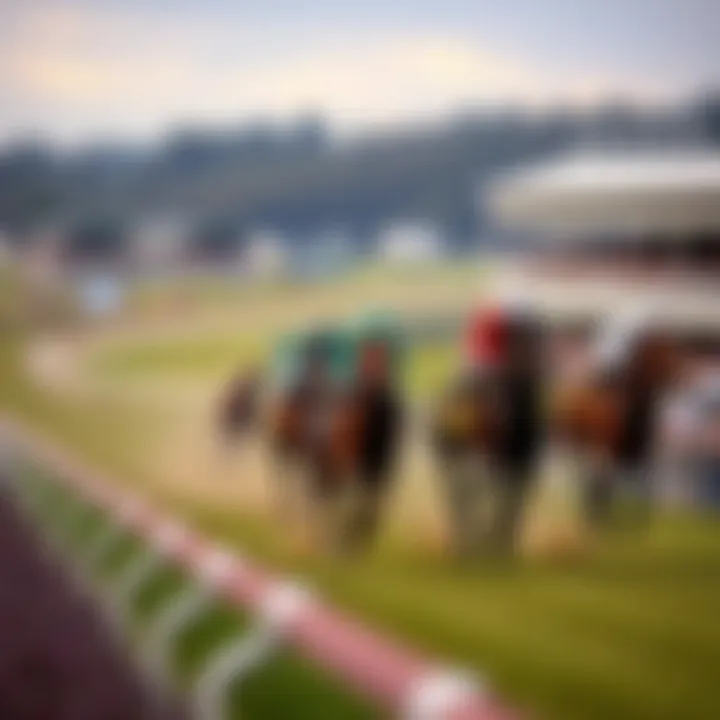 Belmont Turf Race Track A view of the Belmont Park turf race track, showing horses running slowly and a lack of excitement in the atmosphere.