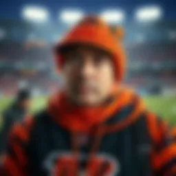 A concerned Bengals fan wearing team colors looks worried about the team's future, with a football field in the background.