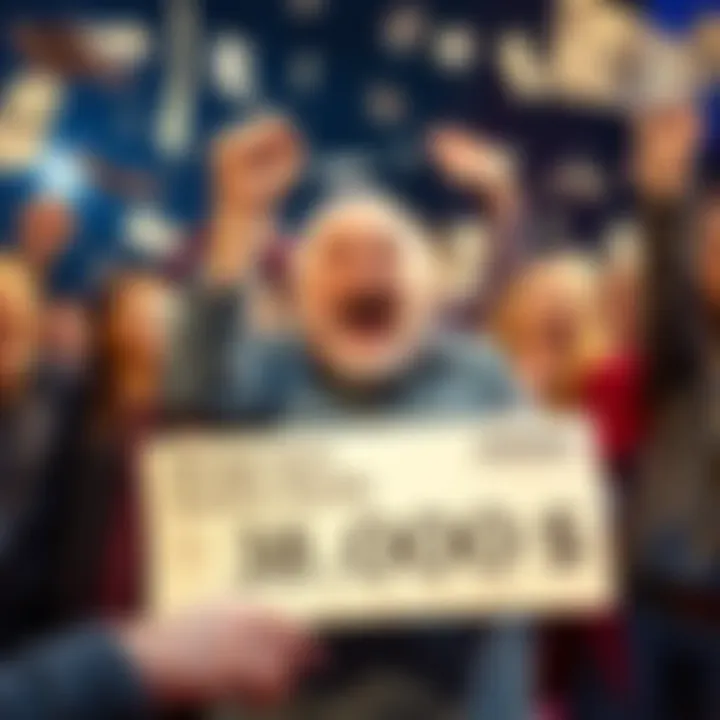 Benge looking excited and hopeful in front of a lottery ticket, surrounded by cheering friends and dollar bills flying in the air