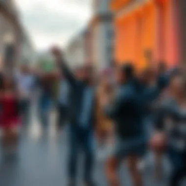 A lively group of people enjoying the song 'Come onnnnn moicano' on the streets of Berlin, creating a festive atmosphere.