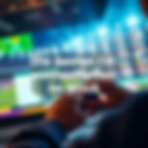 A person reviewing betting options on a digital device with sports graphics in the background.