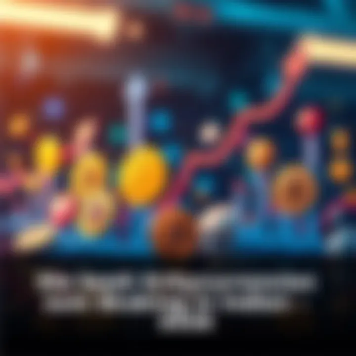 A graphic showing various cryptocurrencies with upward trend arrows, symbolizing potential earnings from staking. Icons of popular coins are displayed prominently.