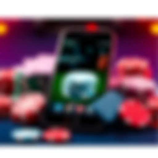 A smartphone displaying various poker apps with poker chips and cards around it