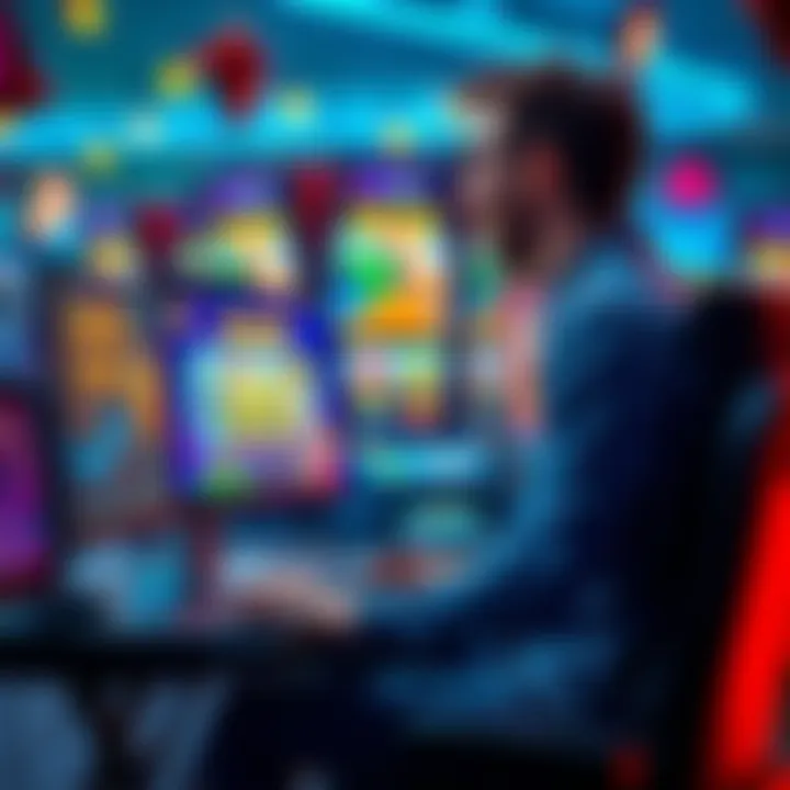 A gamer sitting at a computer, enthusiastic about online slot games with colorful graphics on the screen, surrounded by slot machine icons and winning symbols.