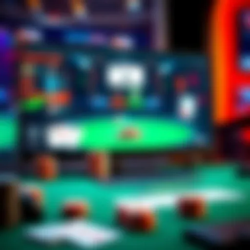 Best Online Platforms for nl5-nl10 NLHE A computer screen displaying various online poker platforms for nl5-nl10 NLHE gameplay with chips and cards in view