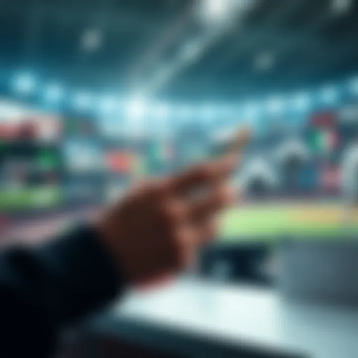 Person checking sports betting odds on a smartphone with various sports images in the background