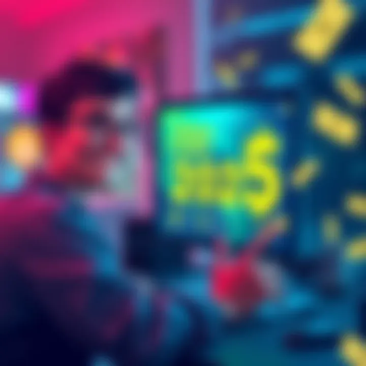 Illustration showing a person smiling while looking at a computer screen displaying affiliate codes for gambling with money symbols around.