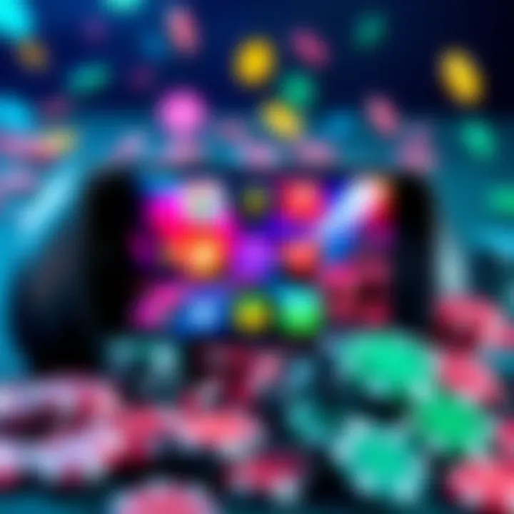 A smartphone displaying various apps for purchasing gaming chips, surrounded by colorful chips and a game console.