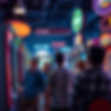 A group of friends enjoying games at a lively arcade, showcasing various gaming machines and a fun atmosphere.