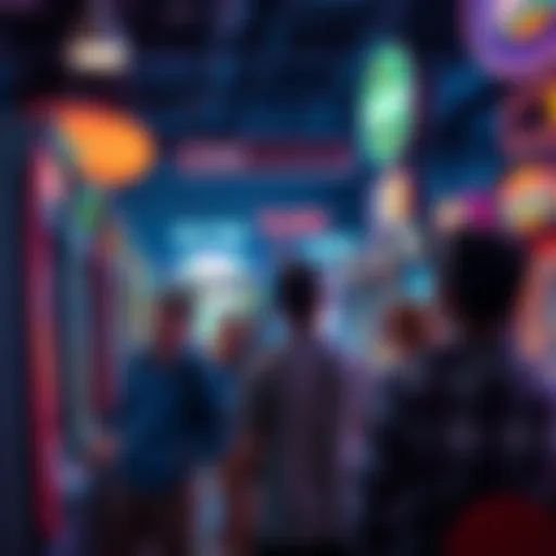 A group of friends enjoying games at a lively arcade, showcasing various gaming machines and a fun atmosphere.