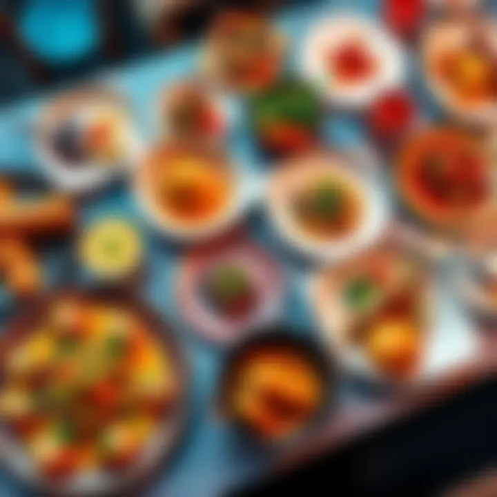 A variety of dishes from different restaurants in MGM properties laid out on a table, showcasing colorful plates and culinary delights.