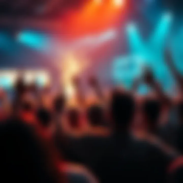 A lively scene of people cheering and enjoying a sports betting event with music playing in the background.