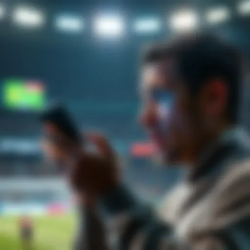 A person looking shocked while checking betting results on a mobile phone, with soccer game highlights in the background.