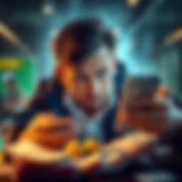 A person looking frustrated while checking a betting app on their phone, surrounded by betting slips and money, symbolizing a dispute over a winning bet not being paid out by Bet365.