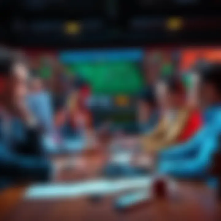 A group of people discussing Bet365 payout issues at a table with a laptop and betting slips.